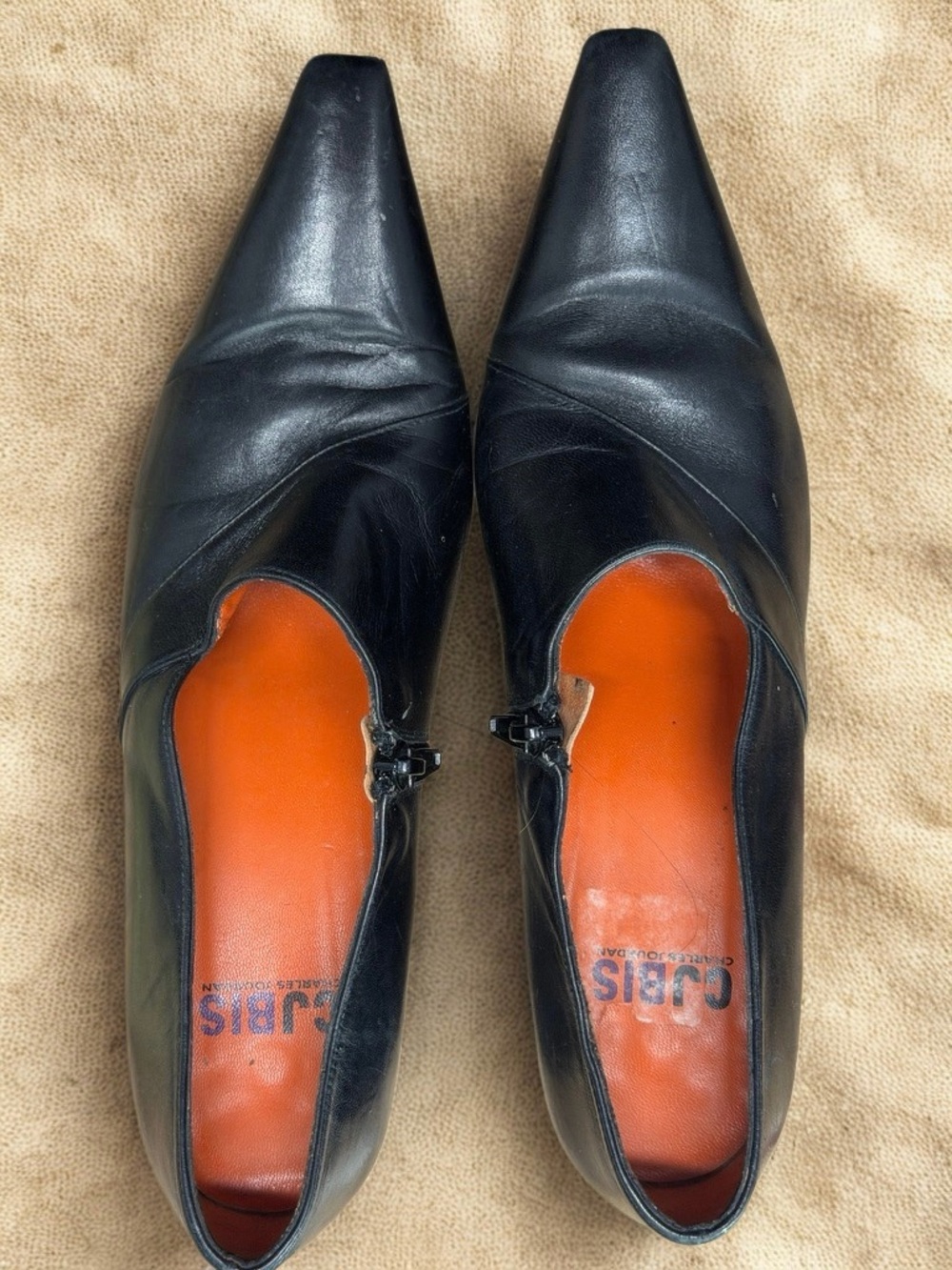 Charles Jourdan Black Leather Ankle Booties with Orange Insole